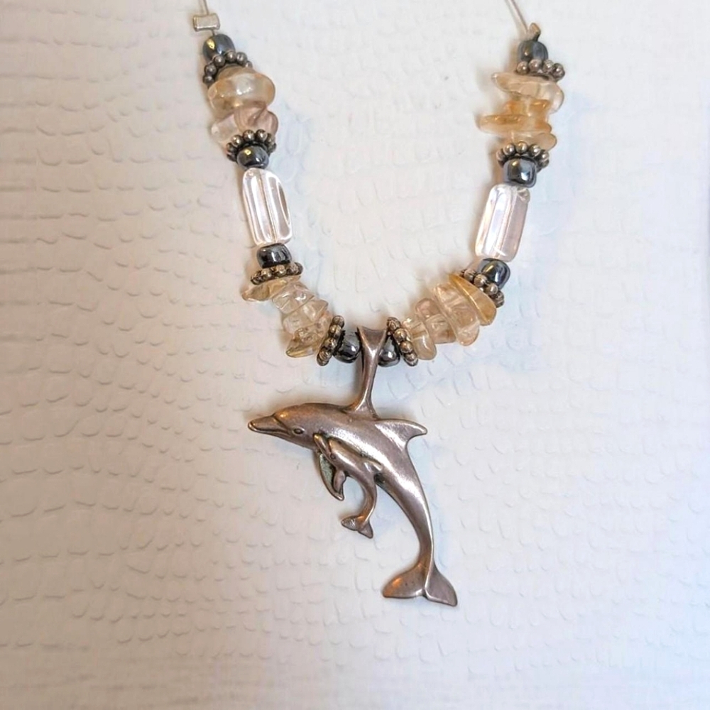 Vintage Y2K Dolphin Pendant Natural Beaded Silver Necklace